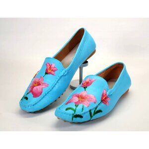 Arteffects Womens Blue Leather Beautiful Hand-Painted Loafers  Sz 9.5 (40)  1173